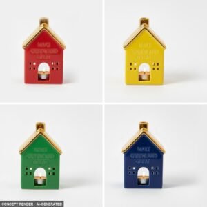 All four First Edition Greenland ceramic tealight houses: red, yellow, green and blue — concept render, AI-generated