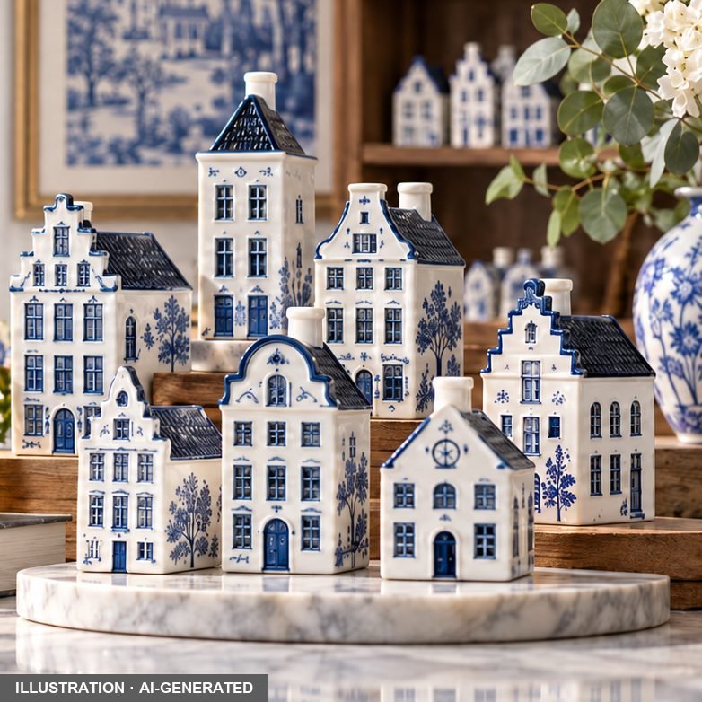 Illustration (AI-generated): Delft Blue collectible ceramic houses on a marble table