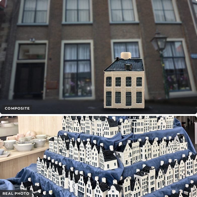 Composite: a Delft Blue ceramic replica standing in front of the 17th-century house in Leiden it reproduces; below, a real photo of a showroom display of Delft Blue miniature houses